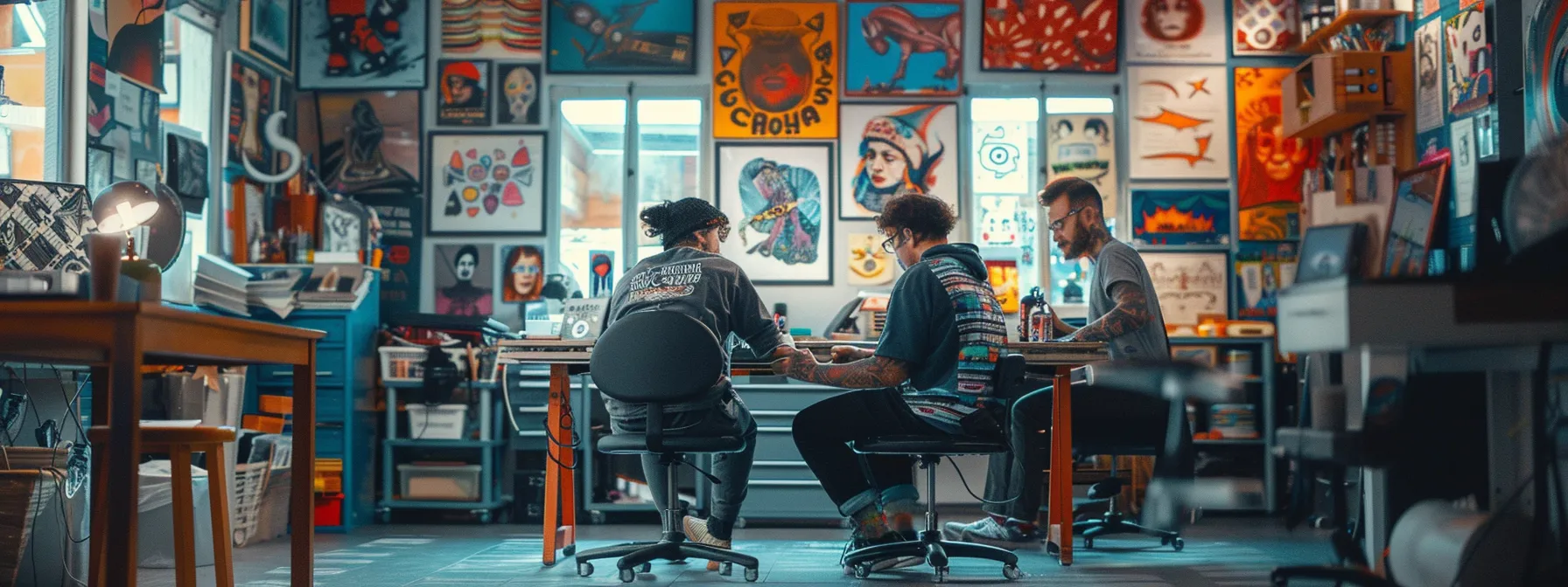 a diverse group of tattoo artists collaborates in a vibrant studio, surrounded by colorful art and design boards.