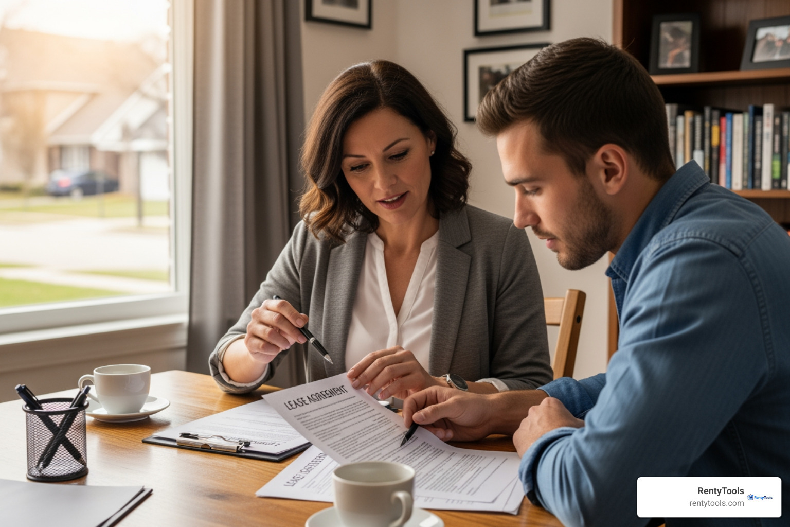 Prorated Rent Calculator Move-Out: 5 Easy Steps 15 Landlord and tenant sitting at a table reviewing a printed lease agreement together