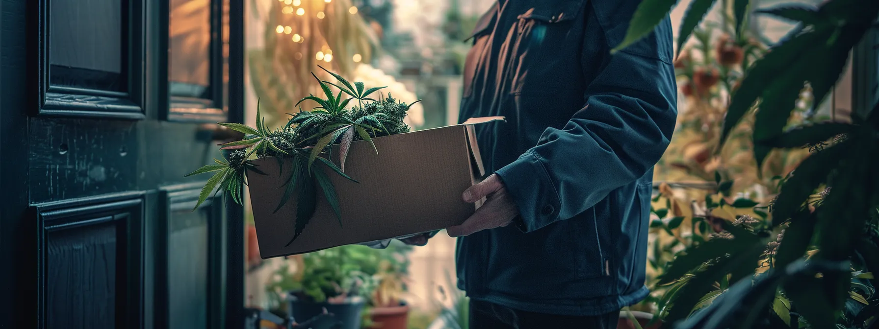 Weed Delivery: Convenience at Your Doorstep 9 Cannabis delivery person holding box of marijuana plants at doorstep, illustrating convenient weed delivery service.