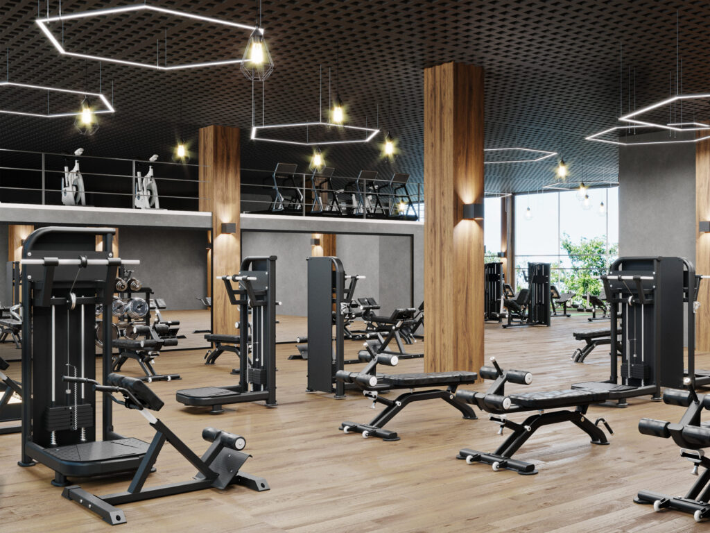 Modern fitness center interior with sport and fitness equipment for building upgrades